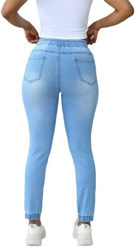 Woman's Jeans Elastic Waist High Rise Denim Jogger Jeans for Women with Drawstring Loose Denim Pants