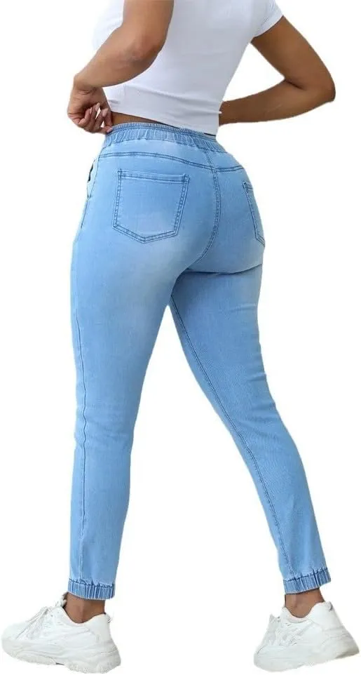 Woman's Jeans Elastic Waist High Rise Denim Jogger Jeans for Women with Drawstring Loose Denim Pants