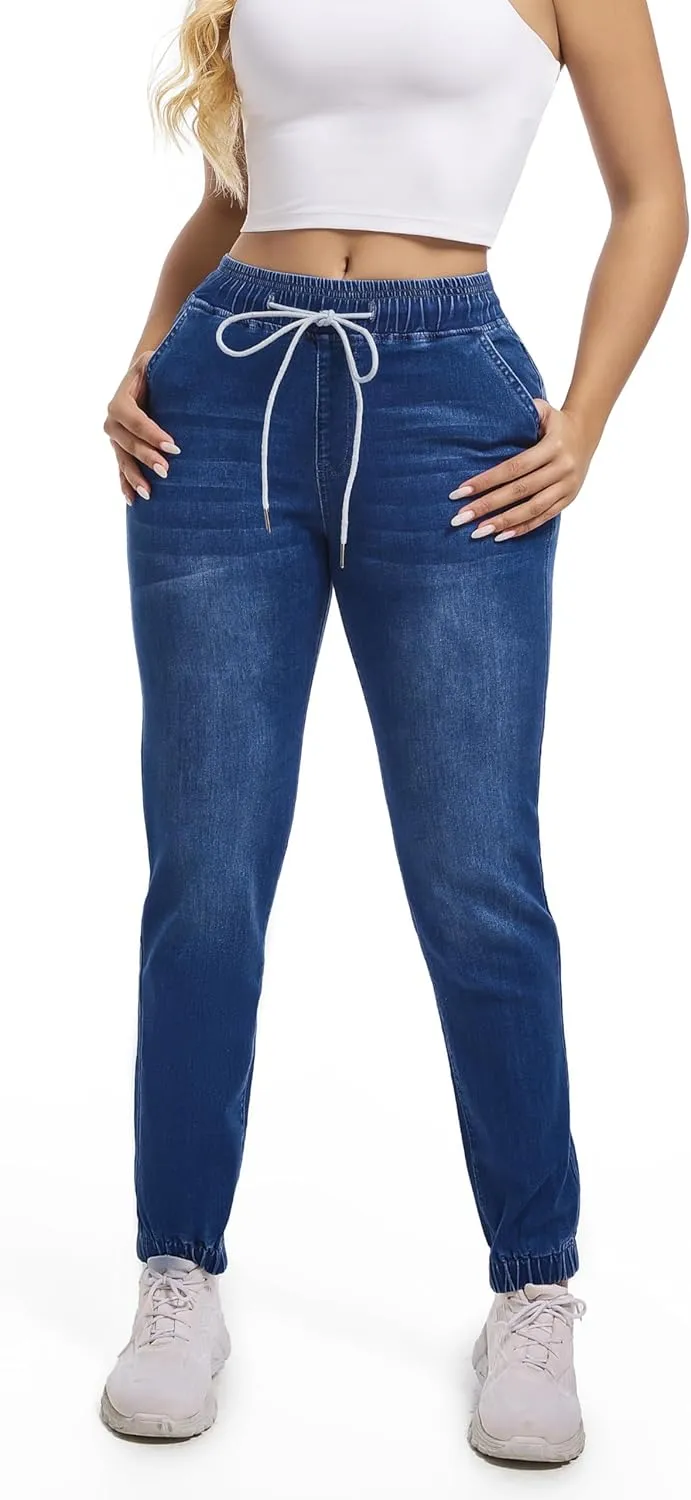 Woman's Jeans Elastic Waist High Rise Denim Jogger Jeans for Women with Drawstring Loose Denim Pants