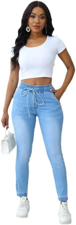 Woman's Jeans Elastic Waist High Rise Denim Jogger Jeans for Women with Drawstring Loose Denim Pants