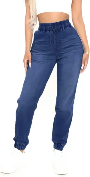Woman's Jeans Elastic Waist High Rise Denim Jogger Jeans for Women with Drawstring Loose Denim Pants