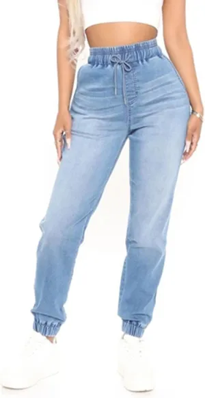 Woman's Jeans Elastic Waist High Rise Denim Jogger Jeans for Women with Drawstring Loose Denim Pants
