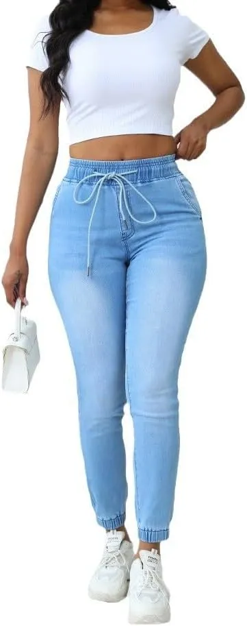 Woman's Jeans Elastic Waist High Rise Denim Jogger Jeans for Women with Drawstring Loose Denim Pants