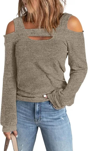 Women Blouses and Tops Black White Colorblock Bell Sleeve Cold Shoulder Top Shirt