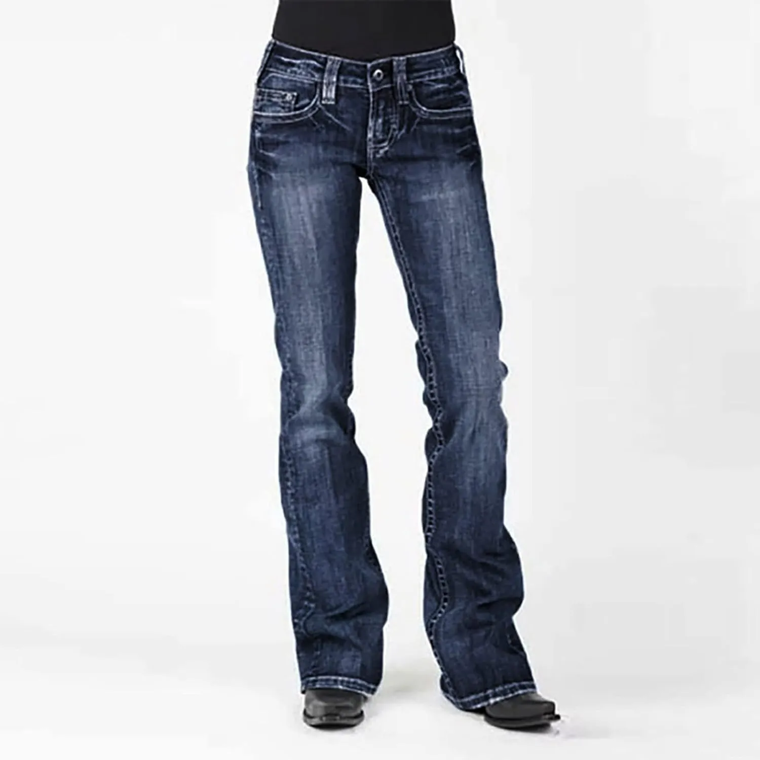 Women Curvy Bootcut Jeans Mid-Rise Stretch Juniors Jeans Regular Fit Flare Denim Pant Business Office Trousers Slacks