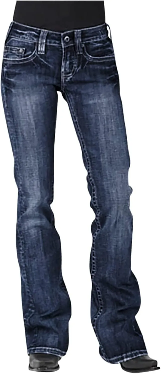Women Curvy Bootcut Jeans Mid-Rise Stretch Juniors Jeans Regular Fit Flare Denim Pant Business Office Trousers Slacks