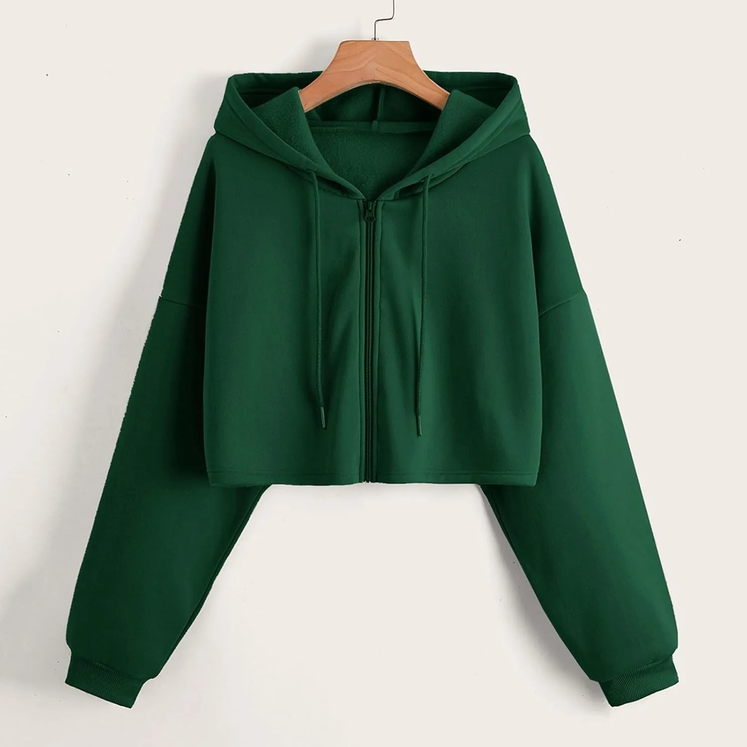 Women Fleece Hoodies Full Zip Cropped Hoodie Sweatshirt Long Sleeve Solid Color Drawstring Hooded Pullover Cute Jacket
