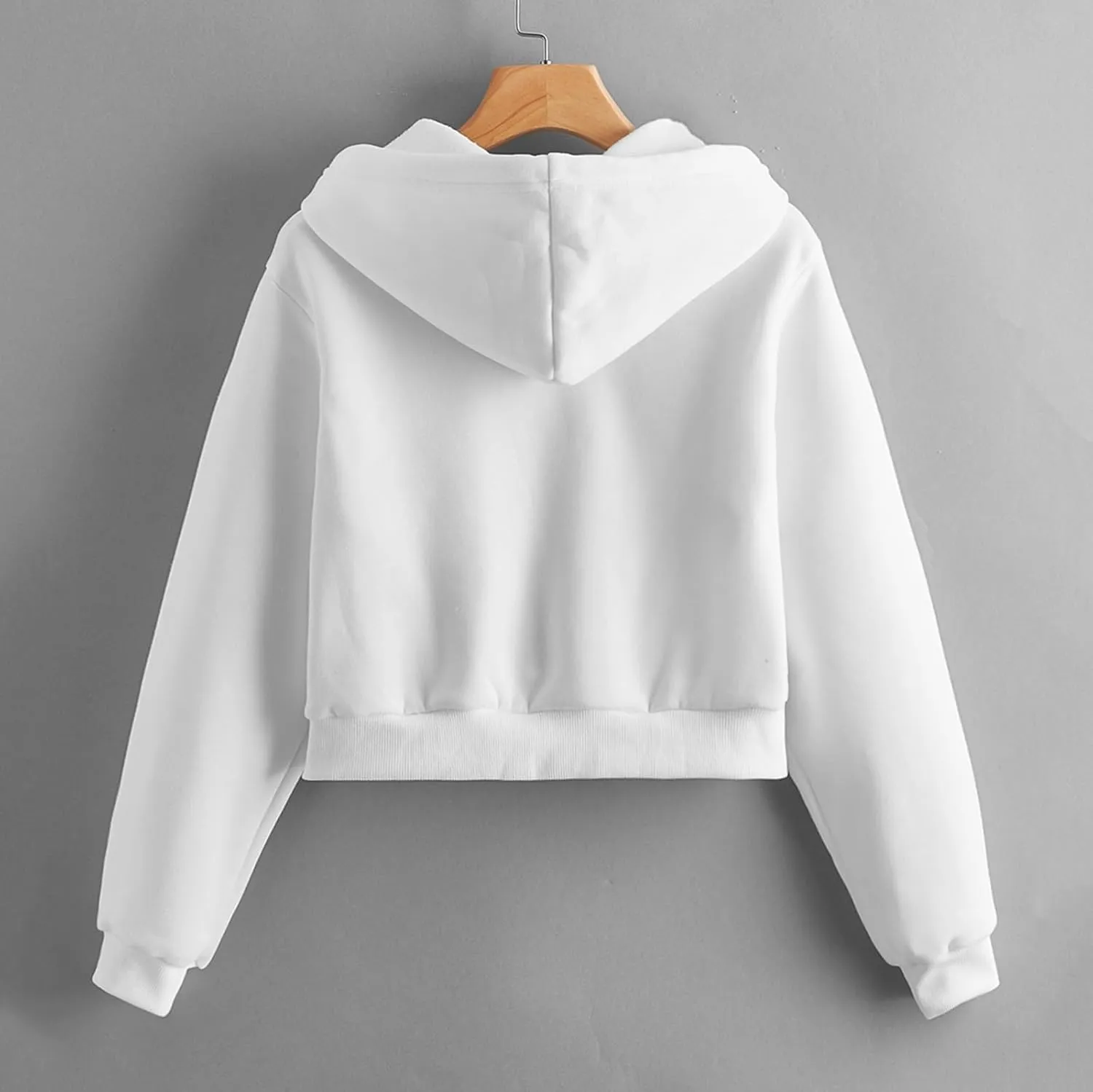 Women Fleece Hoodies Full Zip Cropped Hoodie Sweatshirt Long Sleeve Solid Color Drawstring Hooded Pullover Cute Jacket