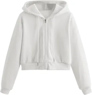 Women Fleece Hoodies Full Zip Cropped Hoodie Sweatshirt Long Sleeve Solid Color Drawstring Hooded Pullover Cute Jacket