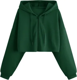 Women Fleece Hoodies Full Zip Cropped Hoodie Sweatshirt Long Sleeve Solid Color Drawstring Hooded Pullover Cute Jacket