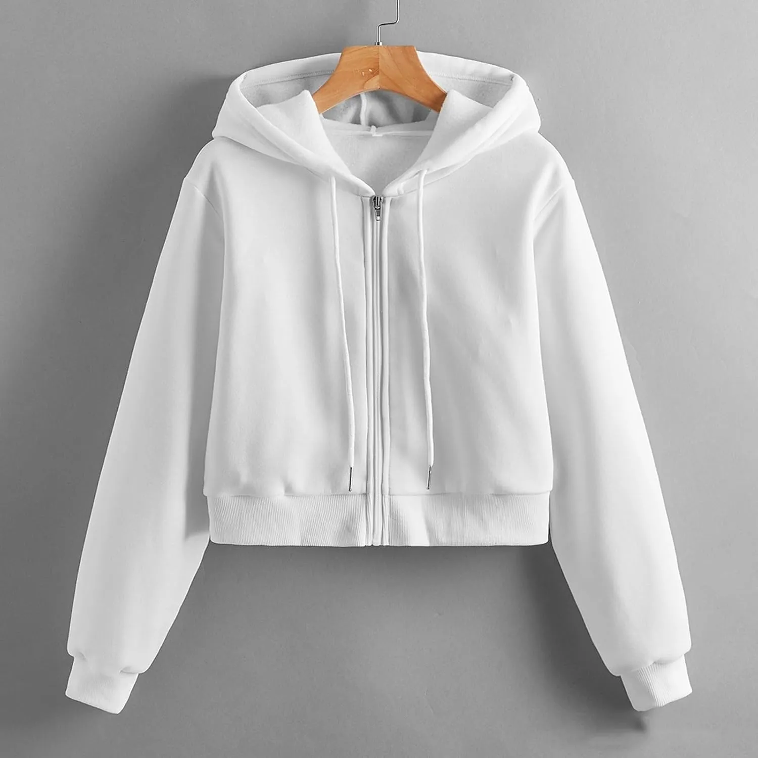 Women Fleece Hoodies Full Zip Cropped Hoodie Sweatshirt Long Sleeve Solid Color Drawstring Hooded Pullover Cute Jacket