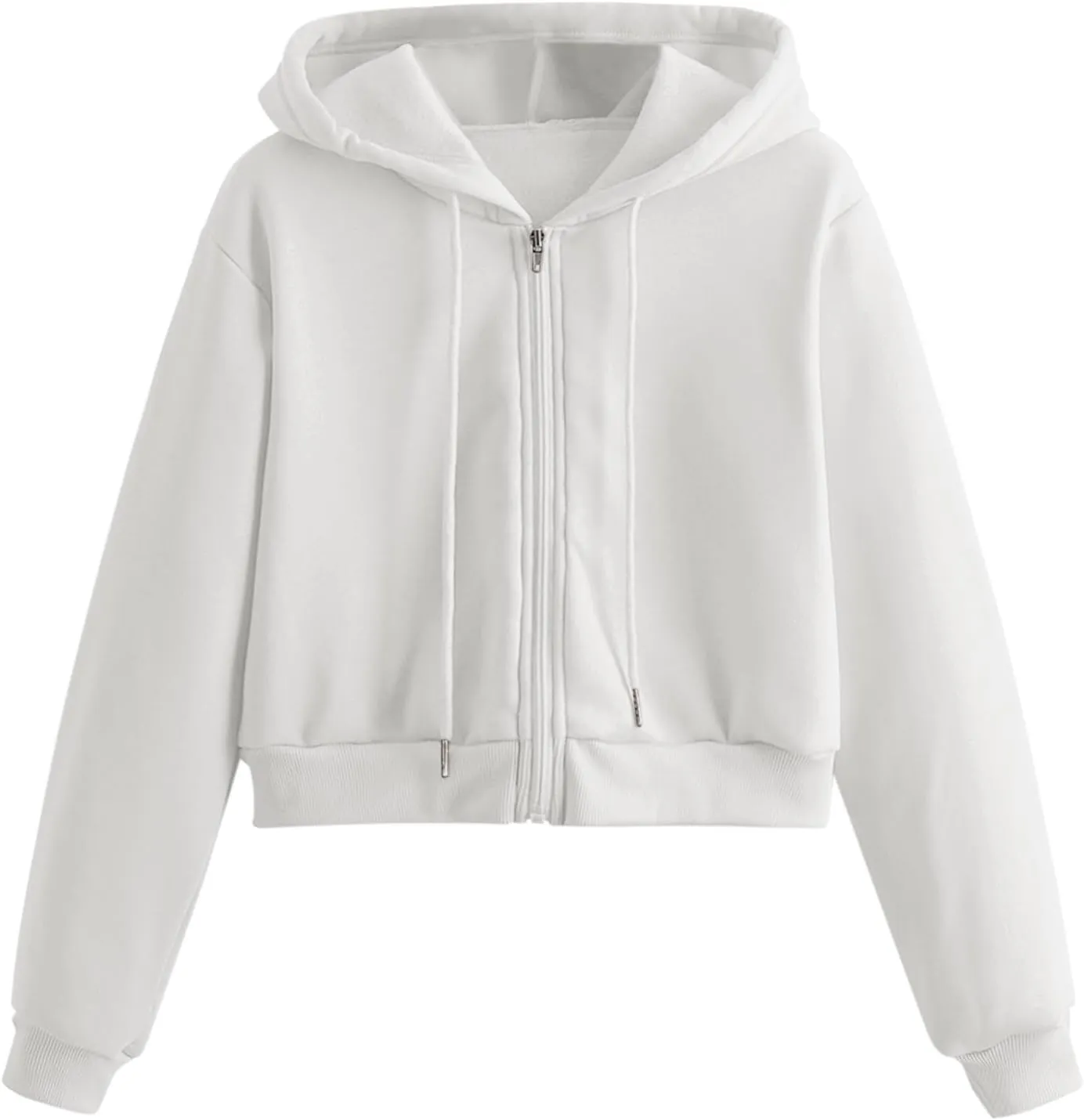 Women Fleece Hoodies Full Zip Cropped Hoodie Sweatshirt Long Sleeve Solid Color Drawstring Hooded Pullover Cute Jacket