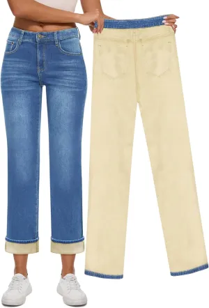 Women Fleece Lined Jeans Women's High Waisted Straight Leg Jeans Winter Fleece Lined Jean Pants