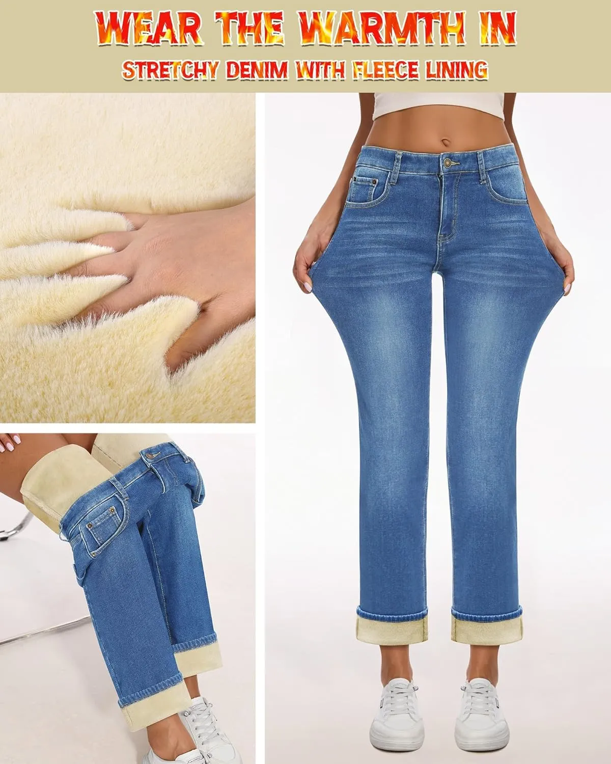Women Fleece Lined Jeans Women's High Waisted Straight Leg Jeans Winter Fleece Lined Jean Pants