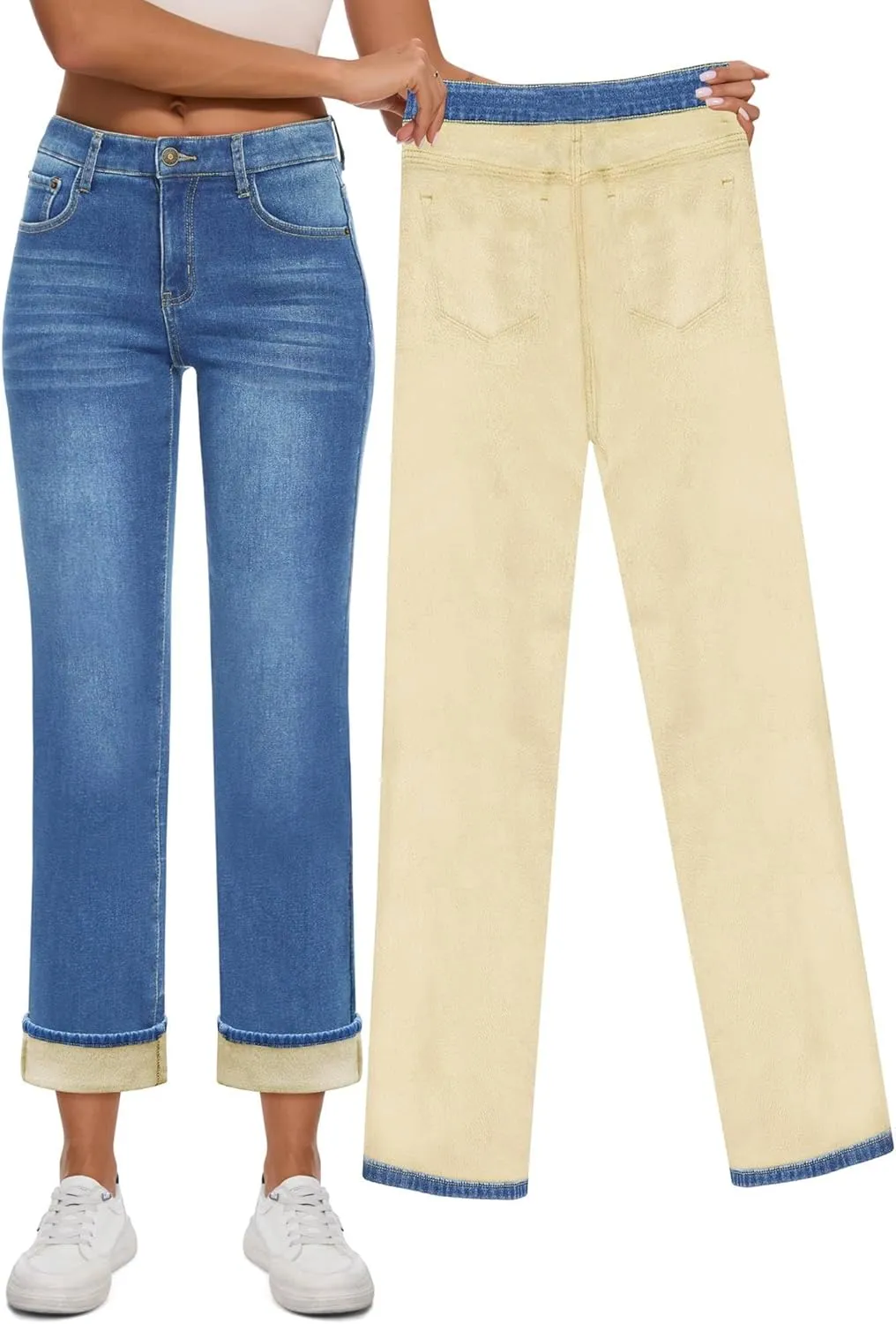 Women Fleece Lined Jeans Women's High Waisted Straight Leg Jeans Winter Fleece Lined Jean Pants