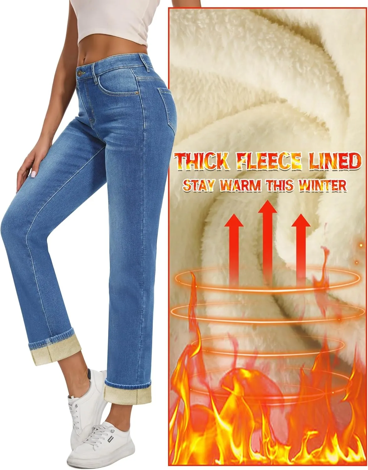 Women Fleece Lined Jeans Women's High Waisted Straight Leg Jeans Winter Fleece Lined Jean Pants