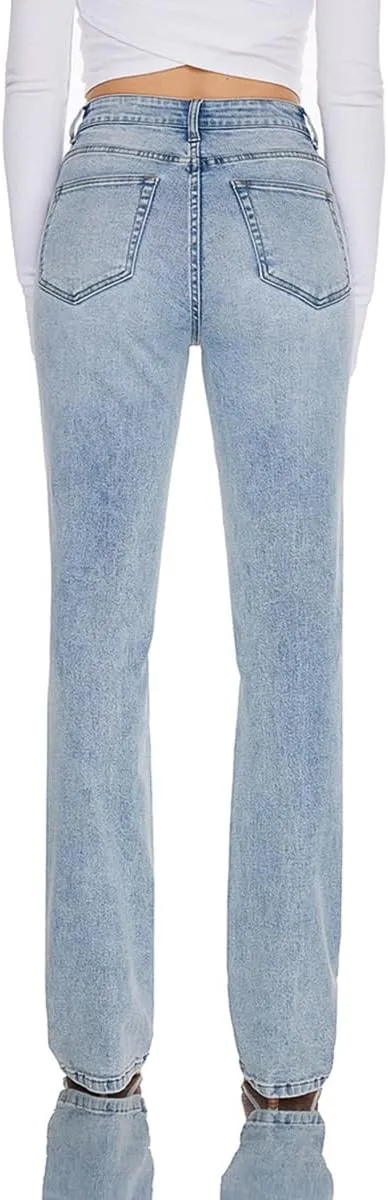 Women High Rise Stretch Bootcut Ripped Wide Leg Jeans- Light Wash Women's Underwear Street Wear Fashion Pant Wide Leg