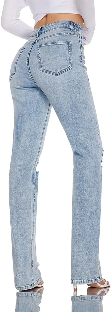 Women High Rise Stretch Bootcut Ripped Wide Leg Jeans- Light Wash Women's Underwear Street Wear Fashion Pant Wide Leg