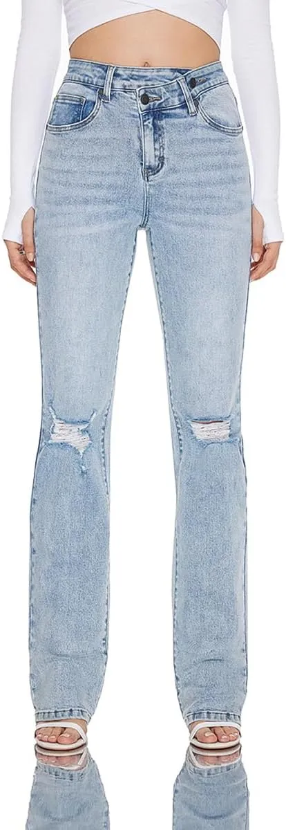 Women High Rise Stretch Bootcut Ripped Wide Leg Jeans- Light Wash Women's Underwear Street Wear Fashion Pant Wide Leg
