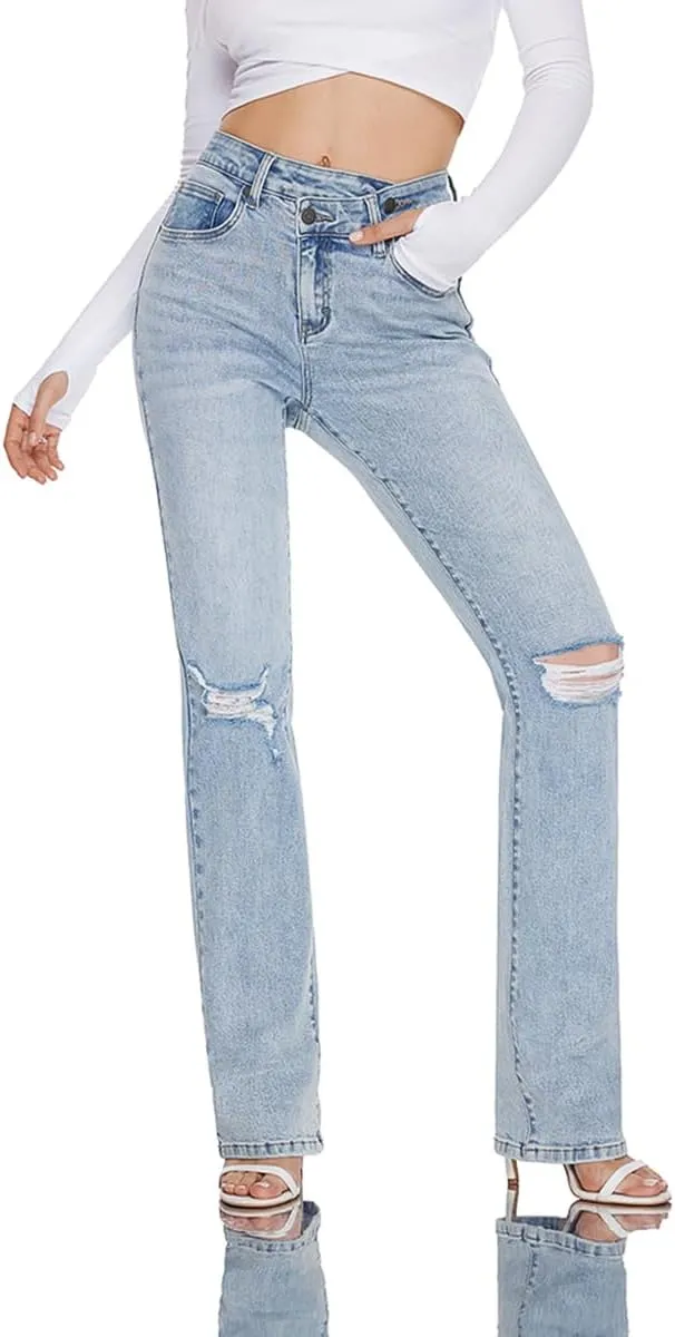 Women High Rise Stretch Bootcut Ripped Wide Leg Jeans- Light Wash Women's Underwear Street Wear Fashion Pant Wide Leg