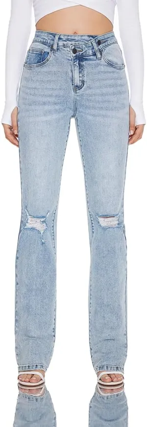 Women High Rise Stretch Bootcut Ripped Wide Leg Jeans- Light Wash Women's Underwear Street Wear Fashion Pant Wide Leg