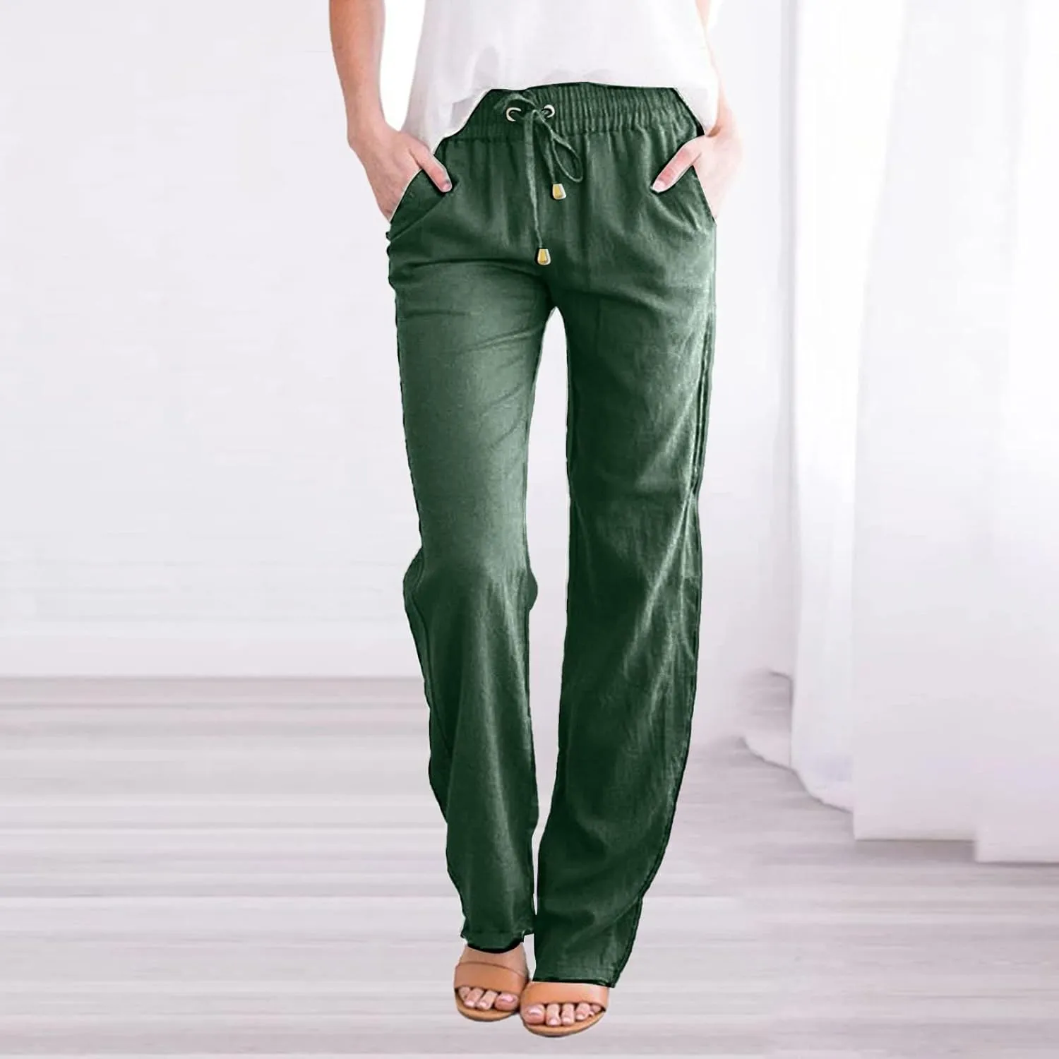 Women High Waisted Wide Leg Pants Casual Drawstring Elastic Trousers Comfy Straight Leg Work Clothes for Women