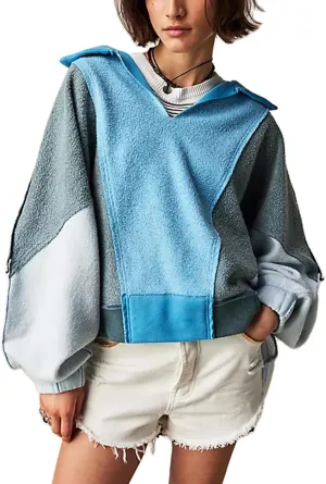 Women Oversized Sweatshirt V-Neck Fleece Sweatshirts Y2k Patchwork Pullovers Colorblock Hoodies Fall Outfits