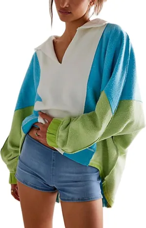 Women Oversized Sweatshirt V-Neck Fleece Sweatshirts Y2k Patchwork Pullovers Colorblock Hoodies Fall Outfits