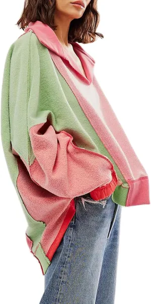 Women Oversized Sweatshirt V-Neck Fleece Sweatshirts Y2k Patchwork Pullovers Colorblock Hoodies Fall Outfits