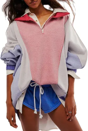Women Oversized Sweatshirt V-Neck Fleece Sweatshirts Y2k Patchwork Pullovers Colorblock Hoodies Fall Outfits