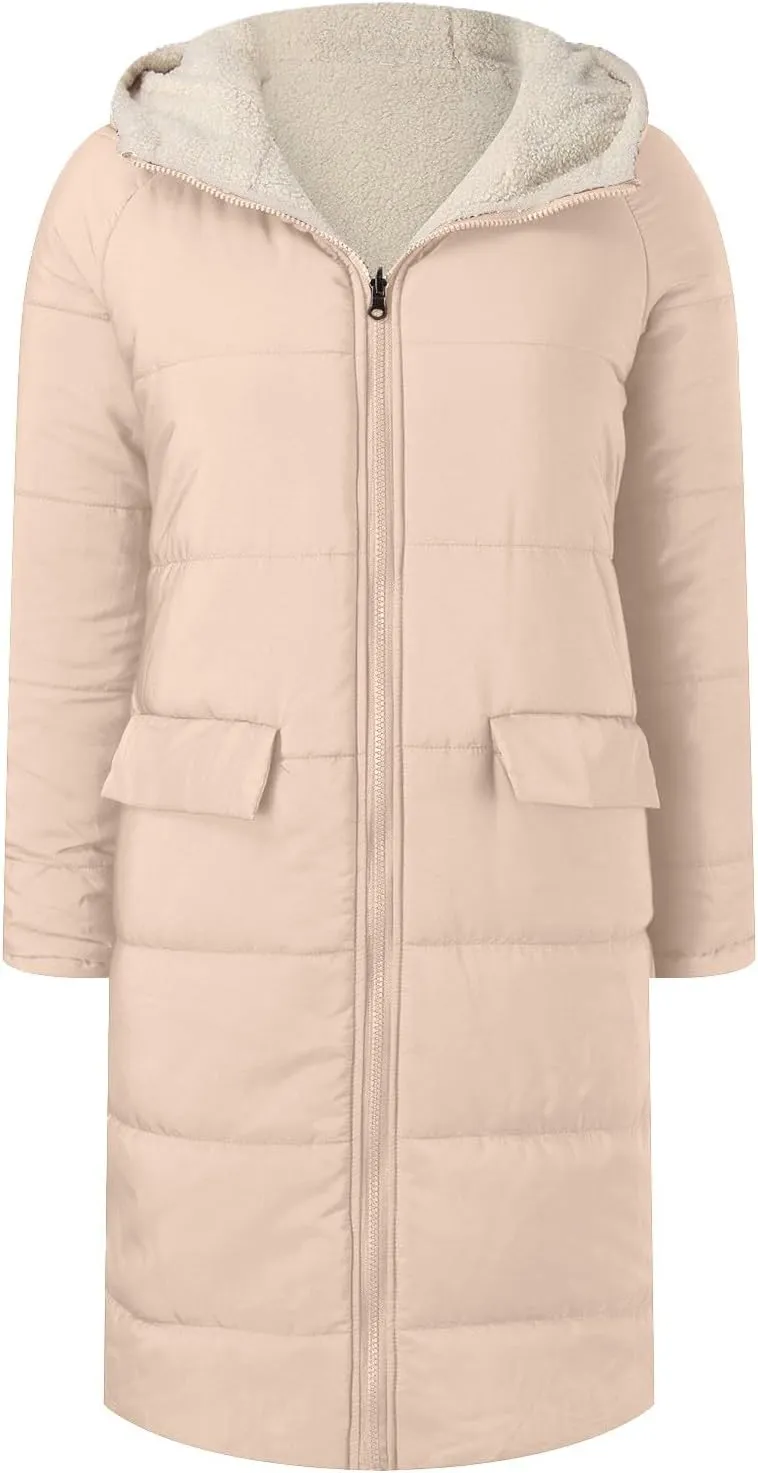Women's 2024 Winter Fashion Clothes Oversized Fleece Long Coats Jackets Zip Up Warm Coats Long Hooded Puffer Jackets