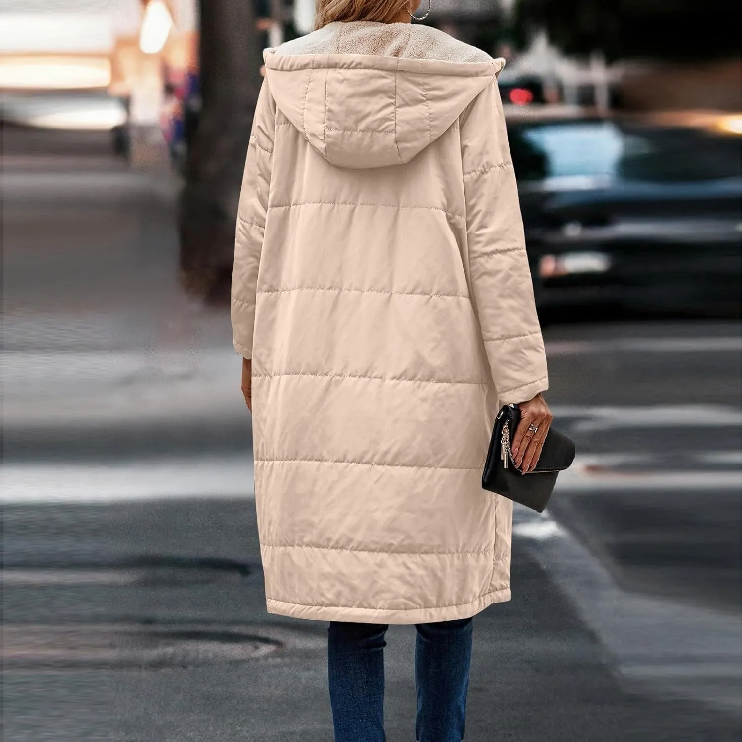 Women's 2024 Winter Fashion Clothes Oversized Fleece Long Coats Jackets Zip Up Warm Coats Long Hooded Puffer Jackets