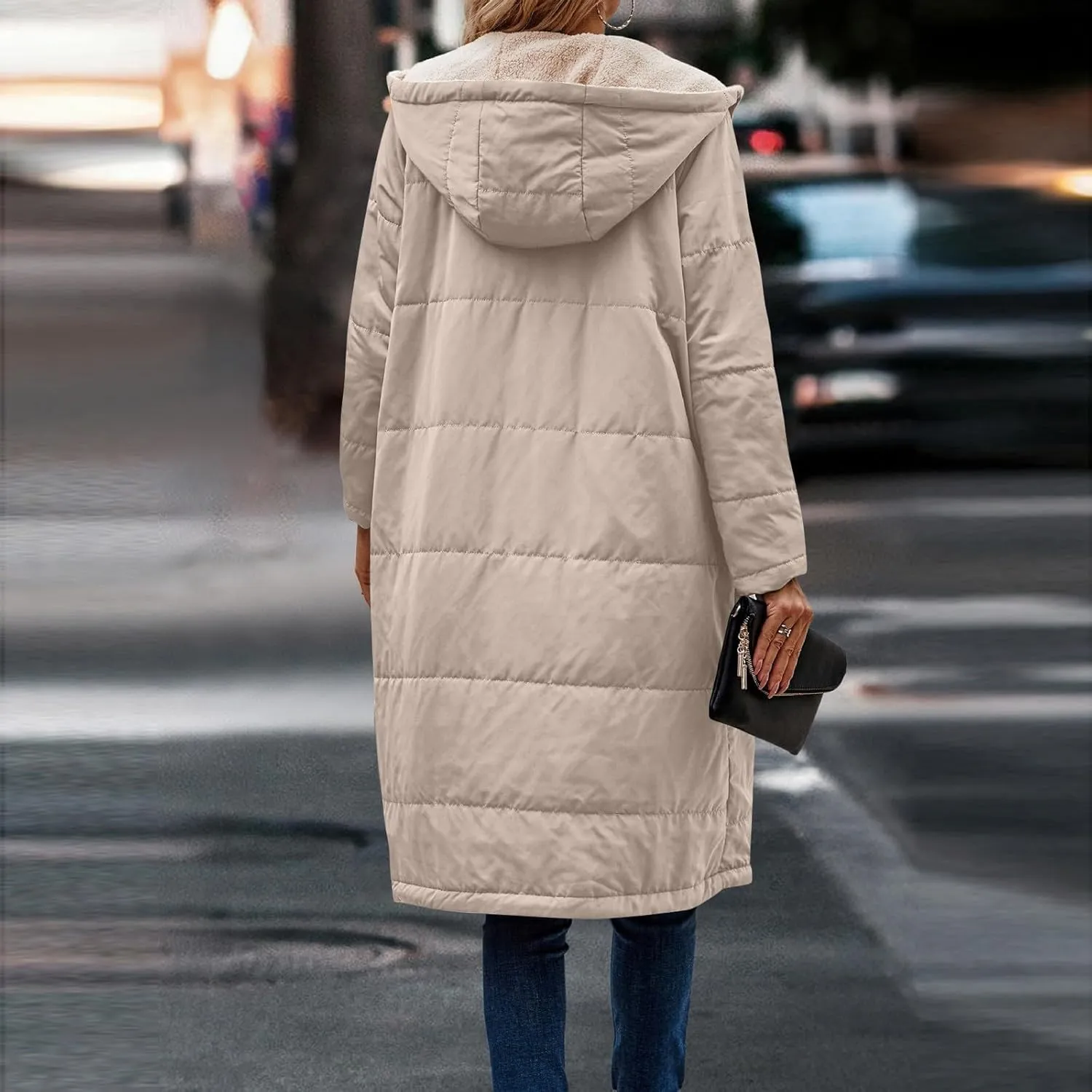 Women's 2024 Winter Fashion Clothes Oversized Fleece Long Coats Jackets Zip Up Warm Coats Long Hooded Puffer Jackets