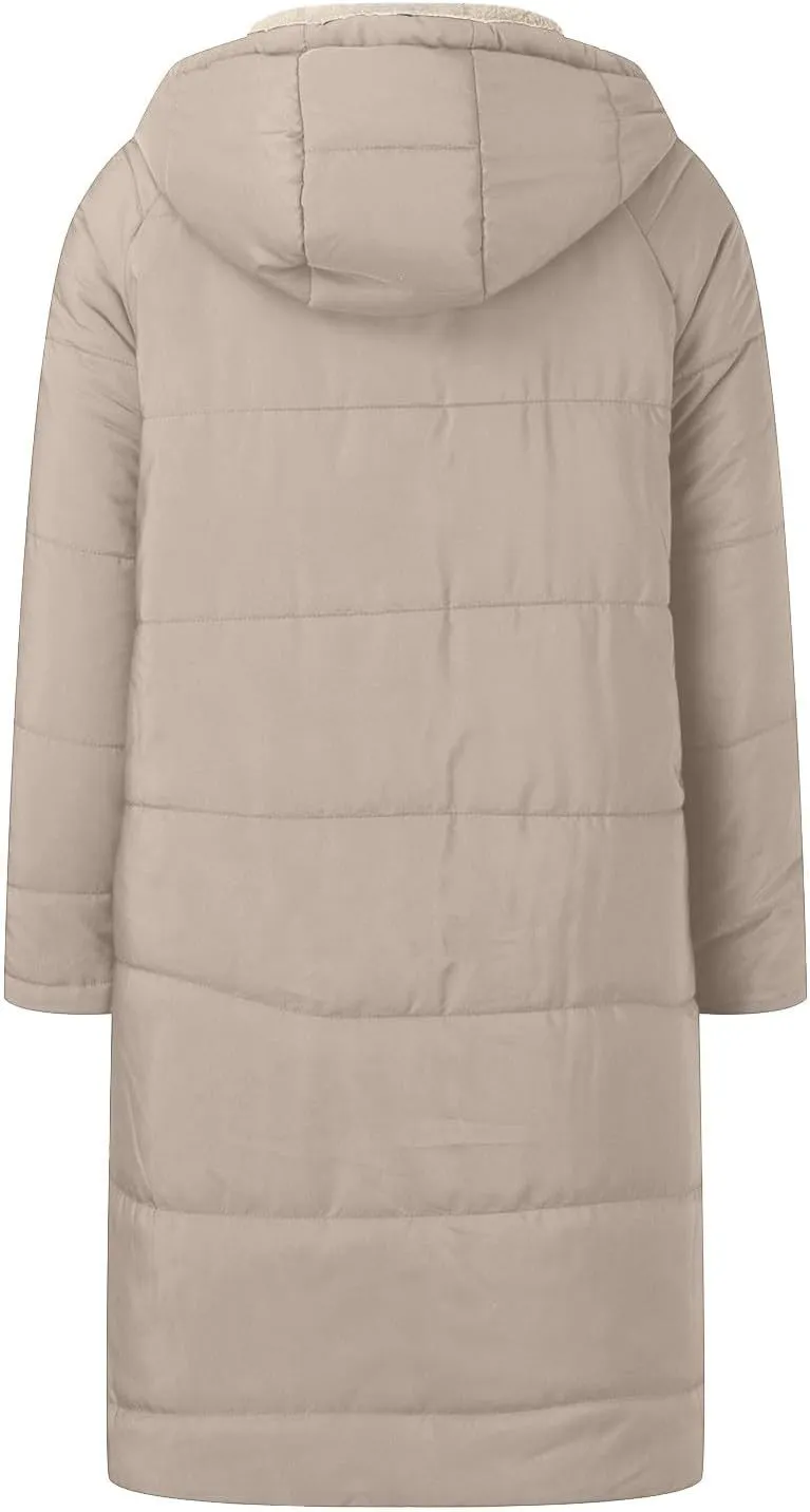 Women's 2024 Winter Fashion Clothes Oversized Fleece Long Coats Jackets Zip Up Warm Coats Long Hooded Puffer Jackets