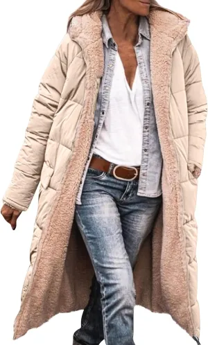 Women's 2024 Winter Fashion Clothes Oversized Fleece Long Coats Jackets Zip Up Warm Coats Long Hooded Puffer Jackets