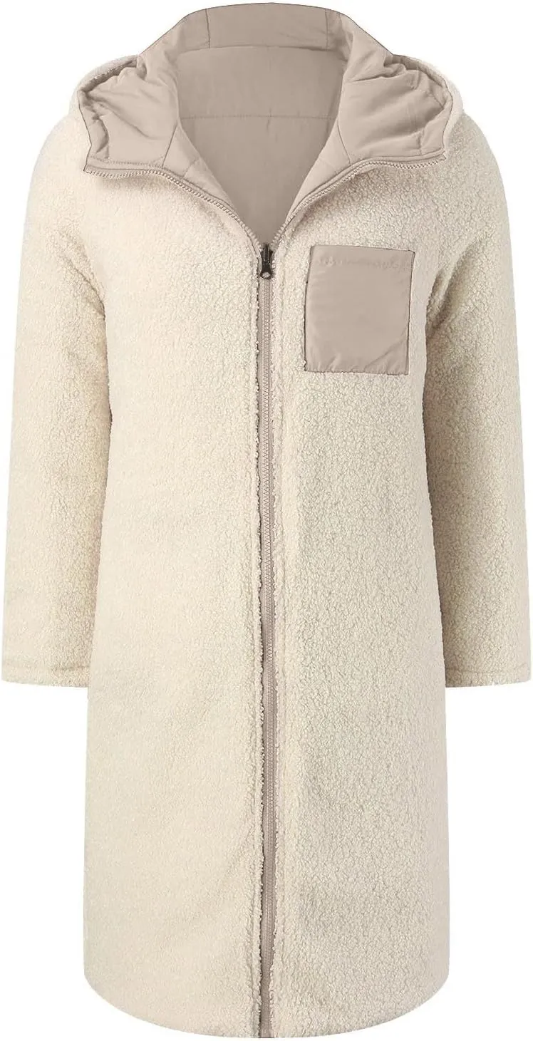 Women's 2024 Winter Fashion Clothes Oversized Fleece Long Coats Jackets Zip Up Warm Coats Long Hooded Puffer Jackets