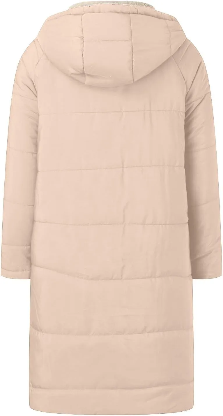Women's 2024 Winter Fashion Clothes Oversized Fleece Long Coats Jackets Zip Up Warm Coats Long Hooded Puffer Jackets