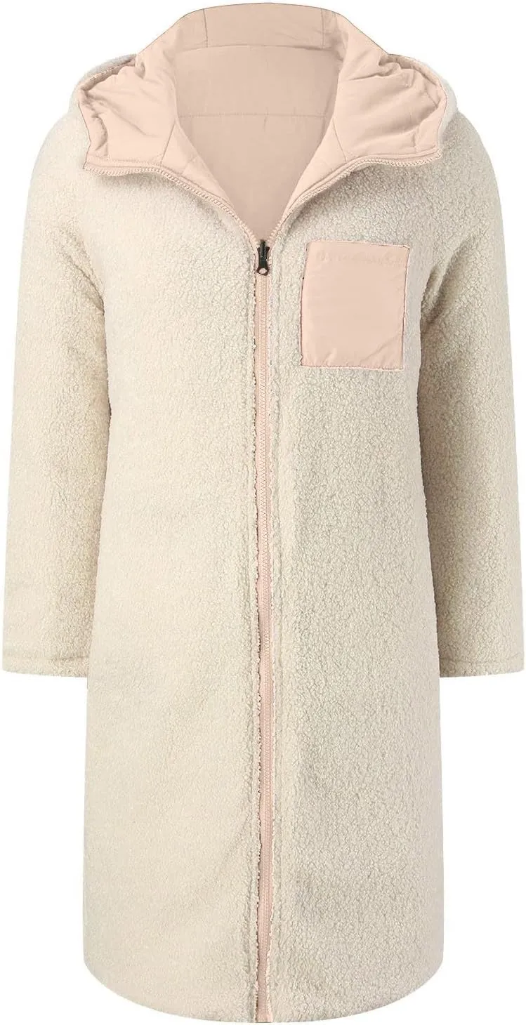 Women's 2024 Winter Fashion Clothes Oversized Fleece Long Coats Jackets Zip Up Warm Coats Long Hooded Puffer Jackets