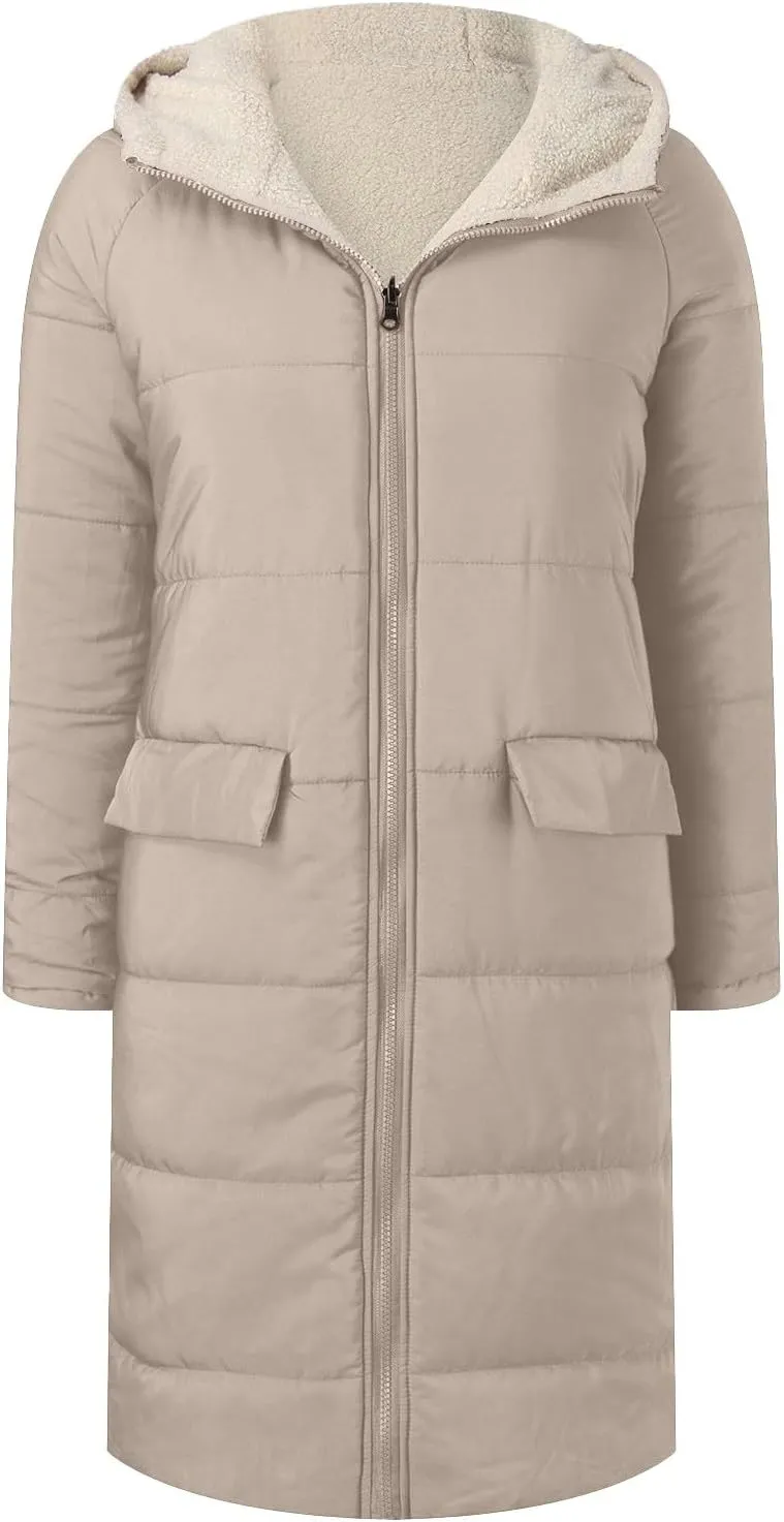 Women's 2024 Winter Fashion Clothes Oversized Fleece Long Coats Jackets Zip Up Warm Coats Long Hooded Puffer Jackets