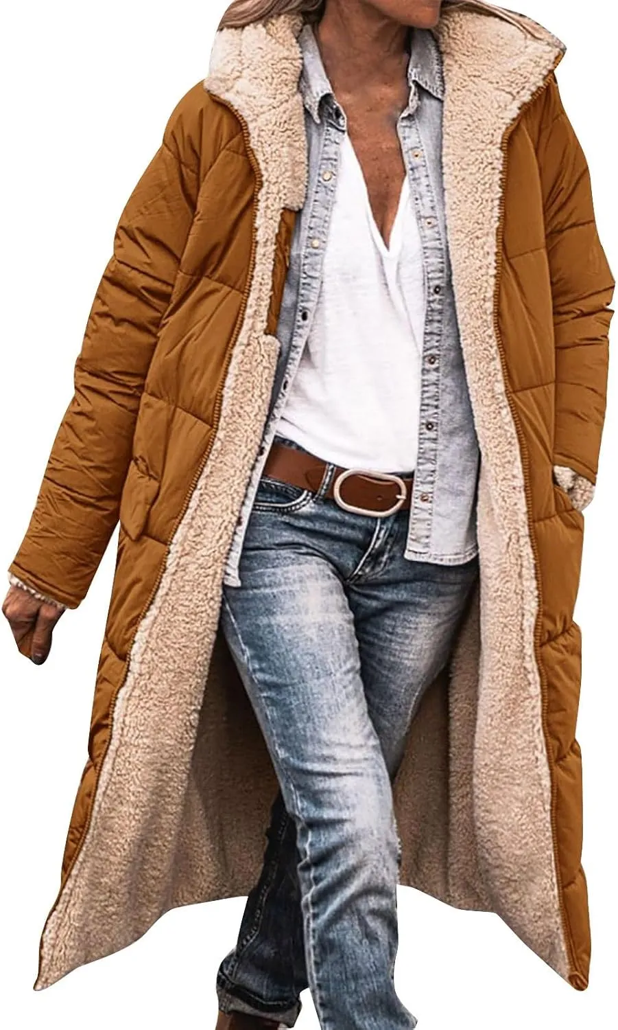 Women's 2024 Winter Fashion Shearling Fleece Long Coats Jackets Clothes Sherpa Padded Down Jackets Full Zip