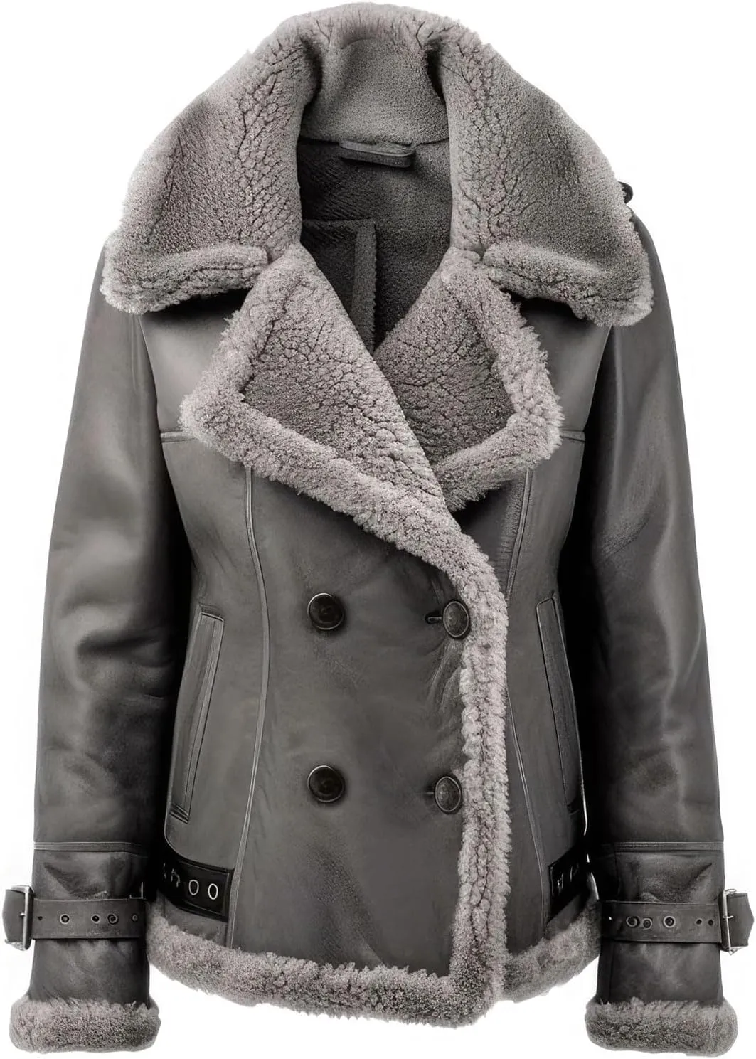 Women’s Ash Grey Sheepskin Sherpa Shearling Lined Aviator B3 Bomber Leather Jacket Winter Warmth Vintage Style
