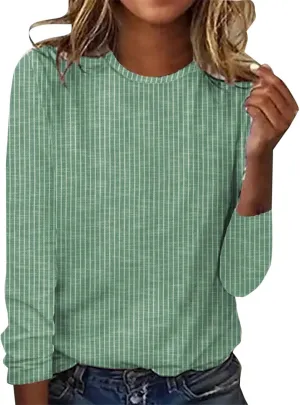 Women's Autumn and Winter Round Neck Casual Stripe Printed Long Sleeved T Shirt Top Womens Work Shirts and Blouses