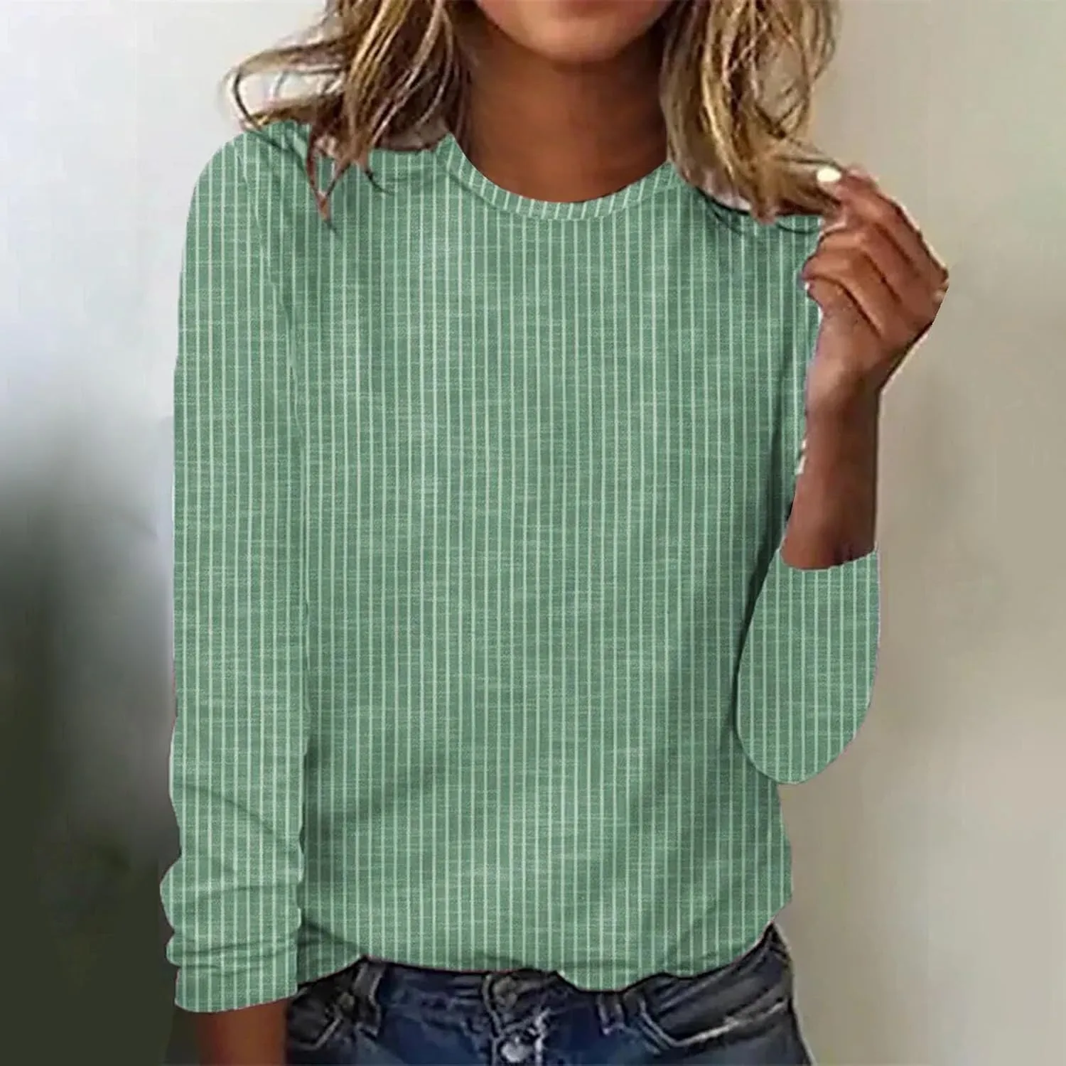 Women's Autumn and Winter Round Neck Casual Stripe Printed Long Sleeved T Shirt Top Womens Work Shirts and Blouses