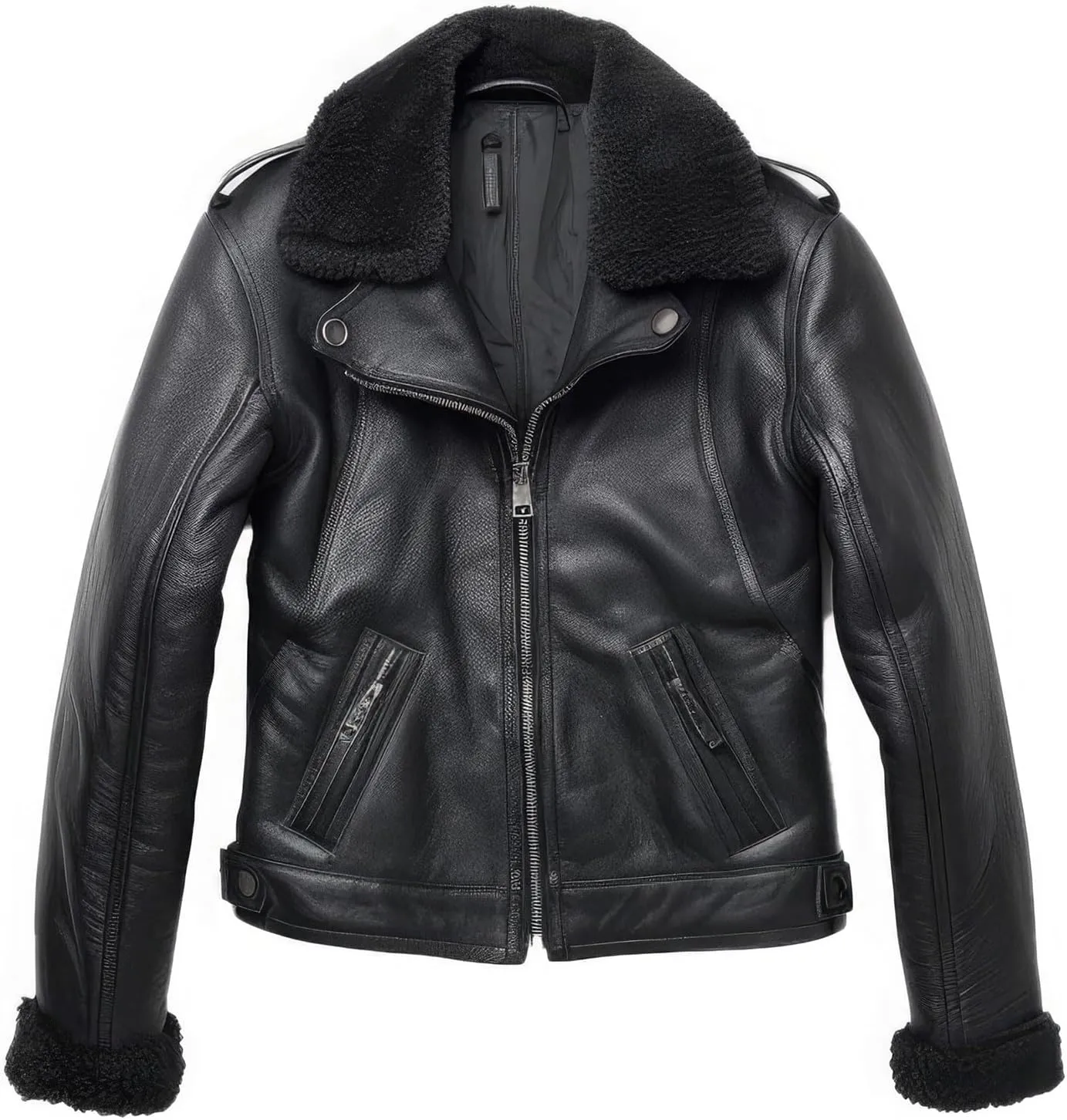Women’s Black Sheepskin Leather Aviator Jacket – Fleece Lined Sherpa Shearling Faux Fur Collar, Stylish Winter Flight Bomber