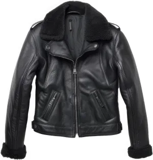Women’s Black Sheepskin Leather Aviator Jacket – Fleece Lined Sherpa Shearling Faux Fur Collar, Stylish Winter Flight Bomber