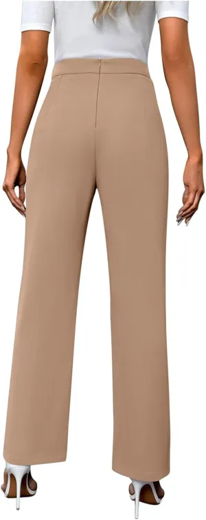 Women's Classic Stretchy Pull On High Rise Pants Straight Leg Slacks Loose Fit Casual Work Trousers Full Slip Slacks