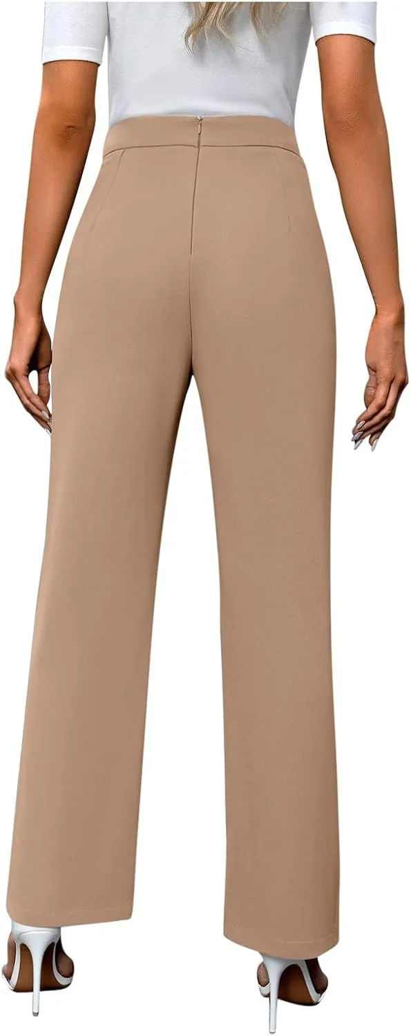 Women's Classic Stretchy Pull On High Rise Pants Straight Leg Slacks Loose Fit Casual Work Trousers Full Slip Slacks