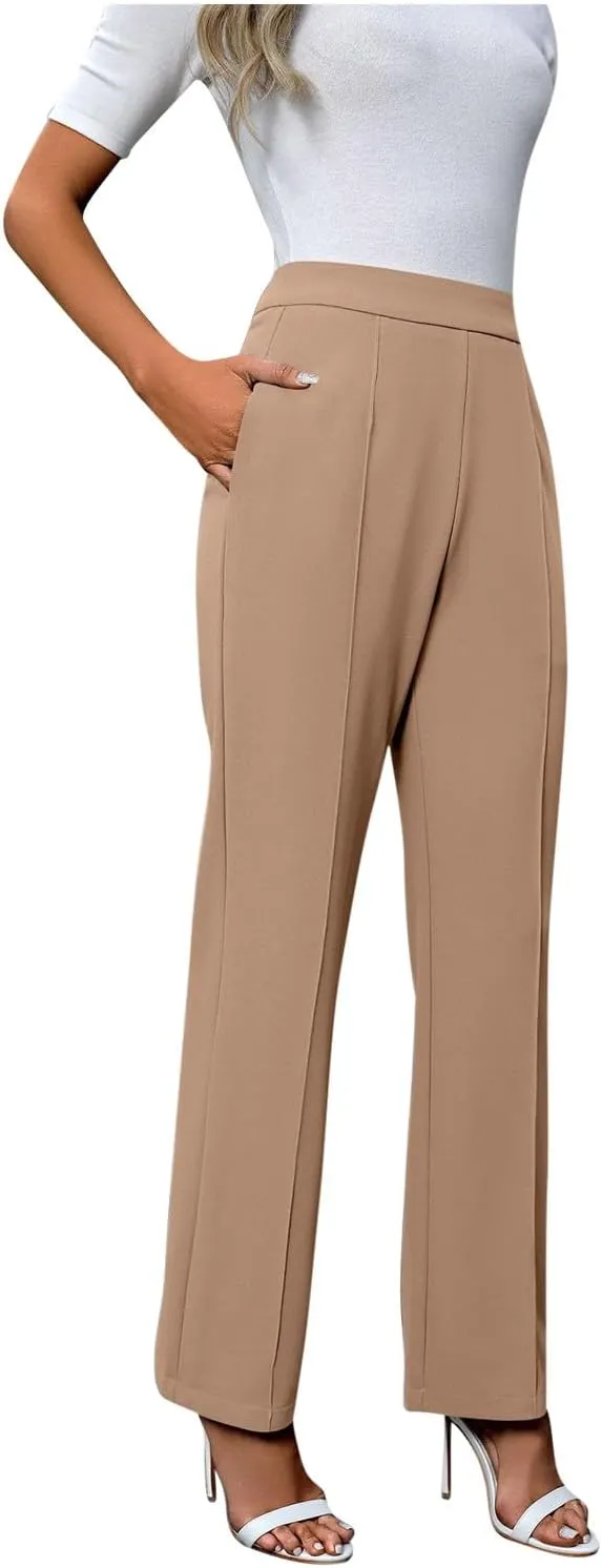Women's Classic Stretchy Pull On High Rise Pants Straight Leg Slacks Loose Fit Casual Work Trousers Full Slip Slacks
