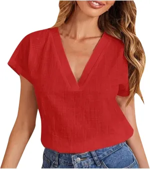 Women's Cotton Linen V Neck Boxy Top Casual Plain Blouses Short Sleeve T Shirt Loose Fit Tunic Summer Tops Basic Tee