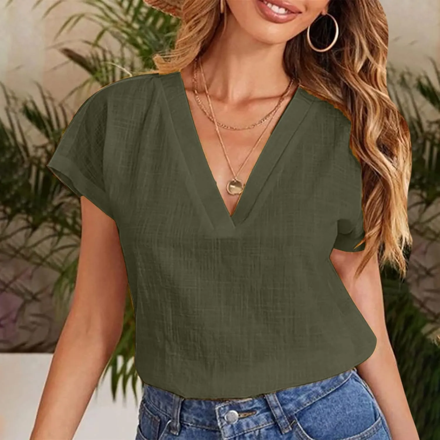 Women's Cotton Linen V Neck Boxy Top Casual Plain Blouses Short Sleeve T Shirt Loose Fit Tunic Summer Tops Basic Tee